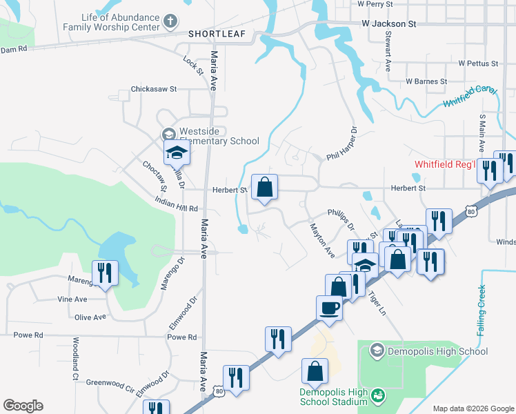 map of restaurants, bars, coffee shops, grocery stores, and more near 1307 Forest Brook in Demopolis