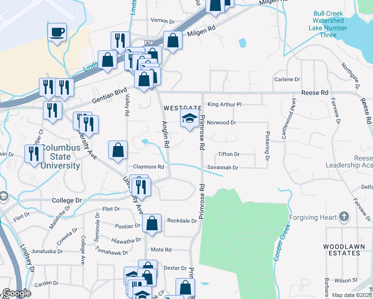 map of restaurants, bars, coffee shops, grocery stores, and more near 4201 Primrose Road in Columbus