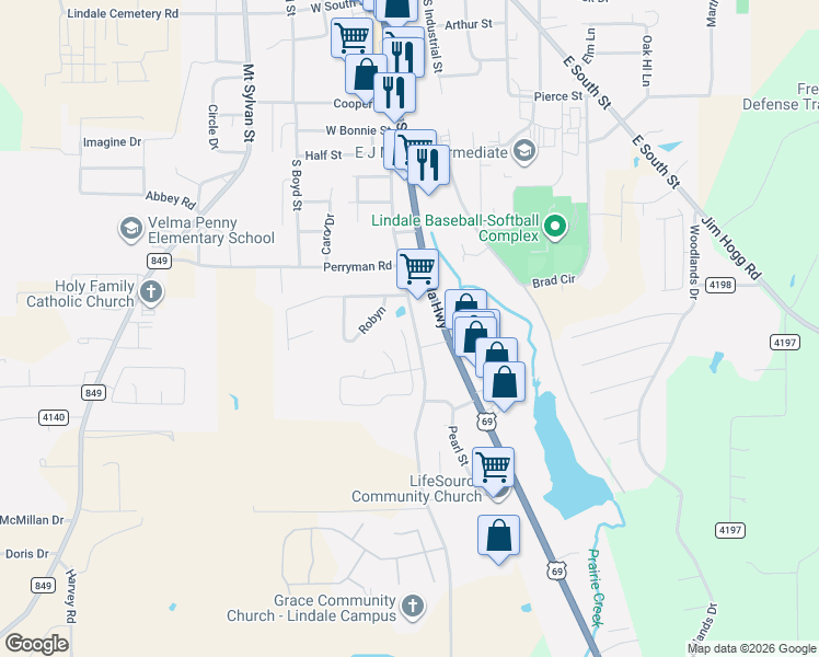 map of restaurants, bars, coffee shops, grocery stores, and more near 1307 S Main St in Lindale