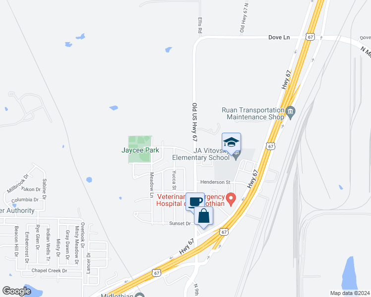map of restaurants, bars, coffee shops, grocery stores, and more near 108 Pebble Creek Drive in Midlothian