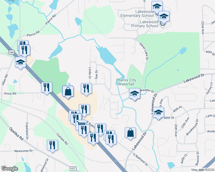 map of restaurants, bars, coffee shops, grocery stores, and more near 4310 Bridgewater Circle in Phenix City