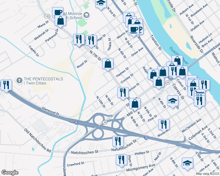 map of restaurants, bars, coffee shops, grocery stores, and more near 800-998 Haynes St in West Monroe