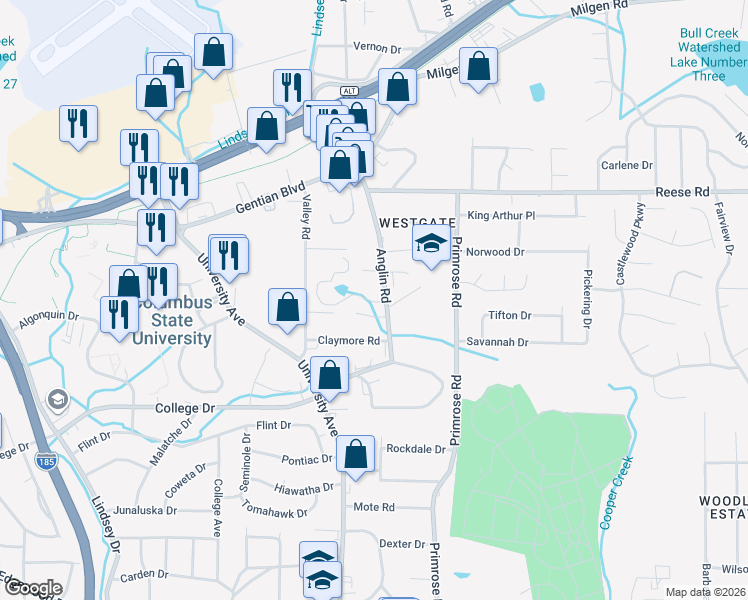 map of restaurants, bars, coffee shops, grocery stores, and more near 4151 Anglin Road in Columbus