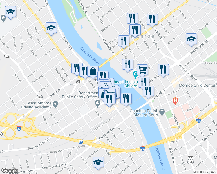 map of restaurants, bars, coffee shops, grocery stores, and more near 320 Commerce Street in West Monroe