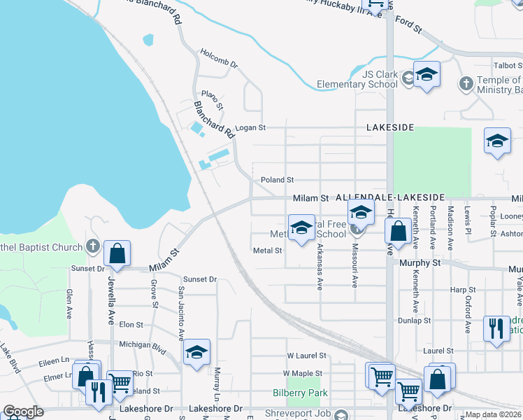map of restaurants, bars, coffee shops, grocery stores, and more near 3127 Milam Street in Shreveport