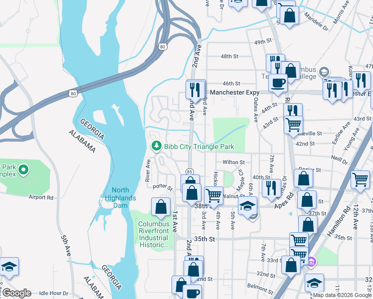 map of restaurants, bars, coffee shops, grocery stores, and more near 201 42nd Street in Columbus