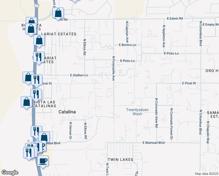 map of restaurants, bars, coffee shops, grocery stores, and more near 16371 North Forecastle Avenue in Tucson