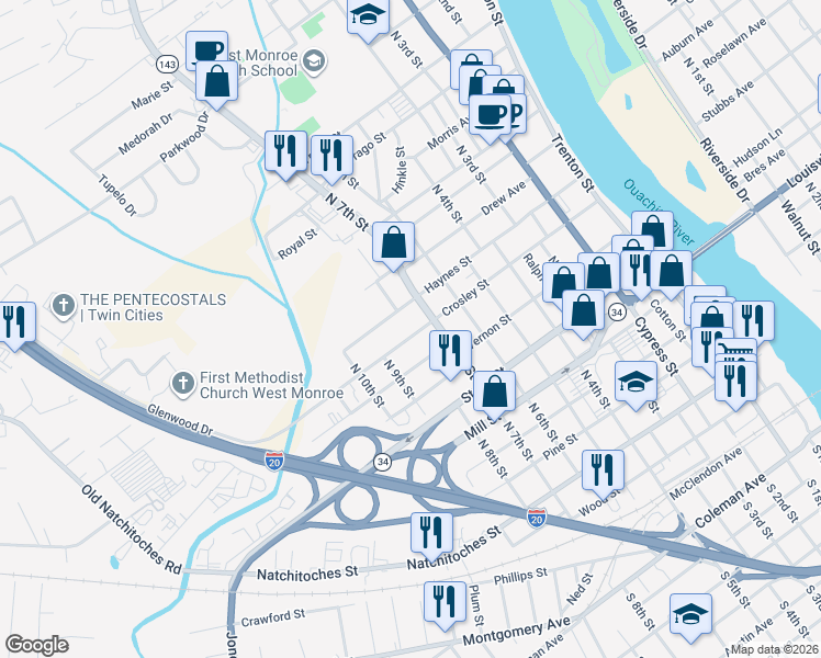 map of restaurants, bars, coffee shops, grocery stores, and more near 800-998 Haynes St in West Monroe
