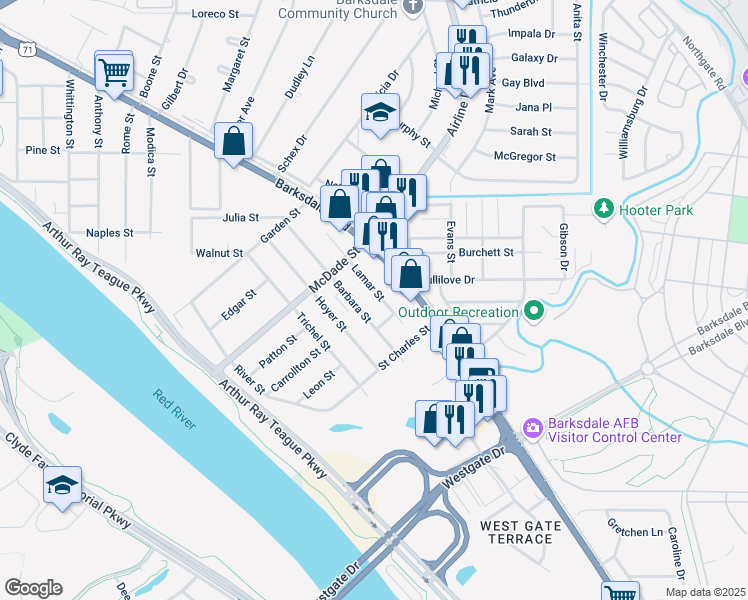 map of restaurants, bars, coffee shops, grocery stores, and more near 2542 Lamar Street in Bossier City