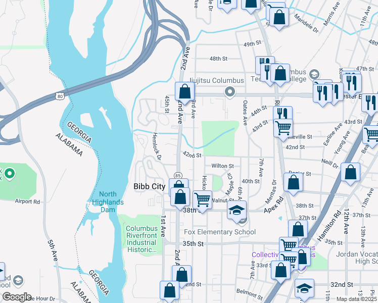 map of restaurants, bars, coffee shops, grocery stores, and more near 4222 3rd Avenue in Columbus
