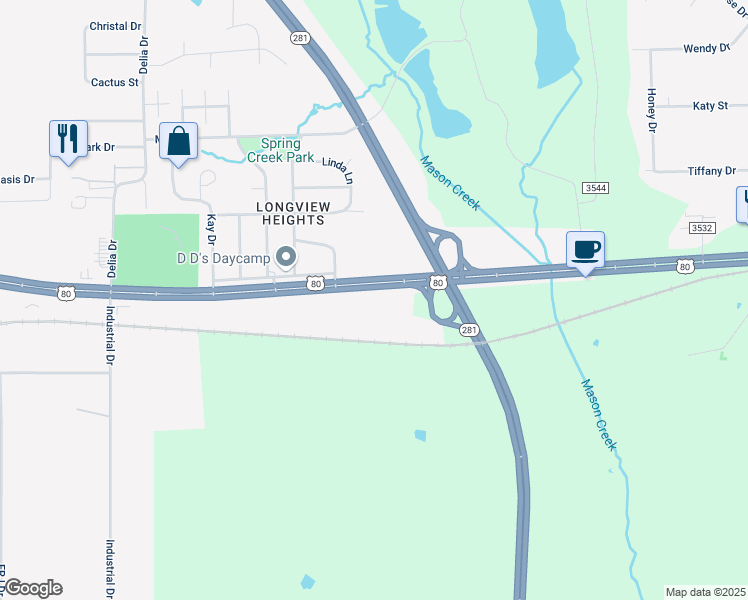 map of restaurants, bars, coffee shops, grocery stores, and more near 3528 East Marshall Avenue in Longview