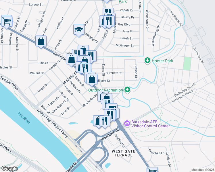 map of restaurants, bars, coffee shops, grocery stores, and more near 1236 Fullilove Drive in Bossier City