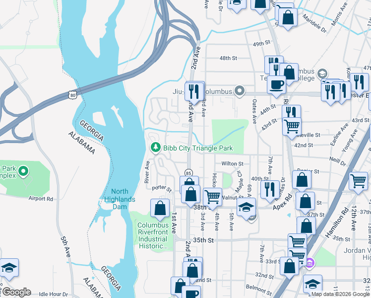 map of restaurants, bars, coffee shops, grocery stores, and more near 201 42nd Street in Columbus