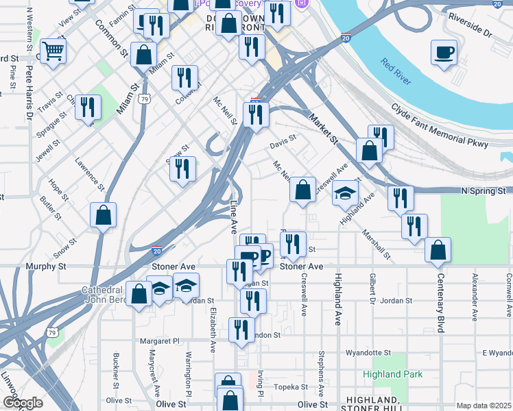map of restaurants, bars, coffee shops, grocery stores, and more near 1105 Louisiana Avenue in Shreveport
