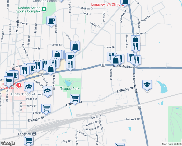 map of restaurants, bars, coffee shops, grocery stores, and more near 1500 East Marshall Avenue in Longview