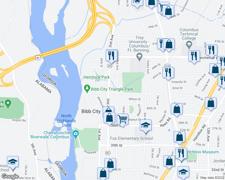 map of restaurants, bars, coffee shops, grocery stores, and more near 211 42nd Street in Columbus