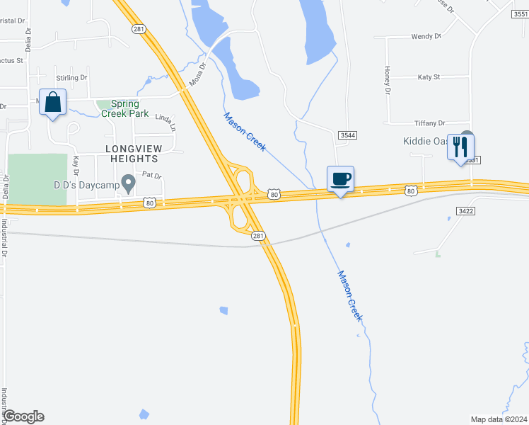 map of restaurants, bars, coffee shops, grocery stores, and more near 3528-3698 E Marshall Ave in Longview