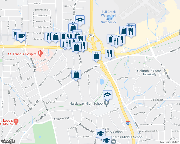 map of restaurants, bars, coffee shops, grocery stores, and more near 4202 Armour Road in Columbus
