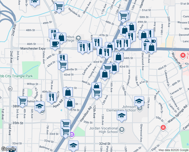 map of restaurants, bars, coffee shops, grocery stores, and more near 4103 Holly Avenue in Columbus