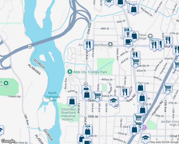 map of restaurants, bars, coffee shops, grocery stores, and more near 201 42nd Street in Columbus