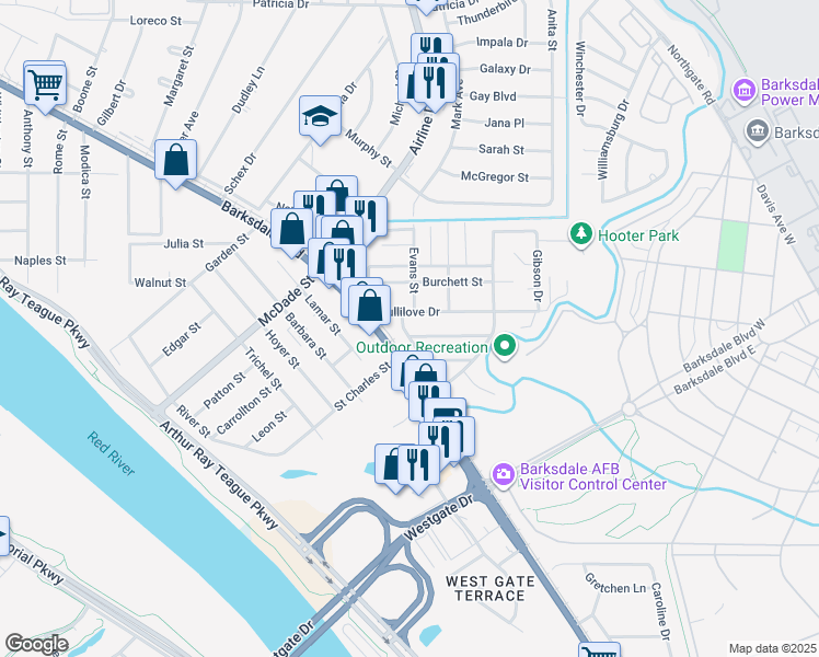 map of restaurants, bars, coffee shops, grocery stores, and more near 1203 Estelle Street in Bossier City