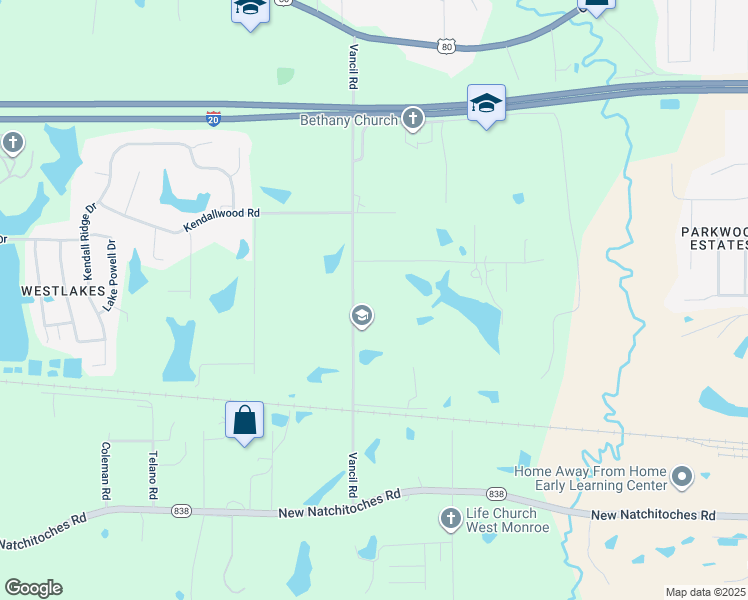 map of restaurants, bars, coffee shops, grocery stores, and more near 439 Vancil Road in West Monroe