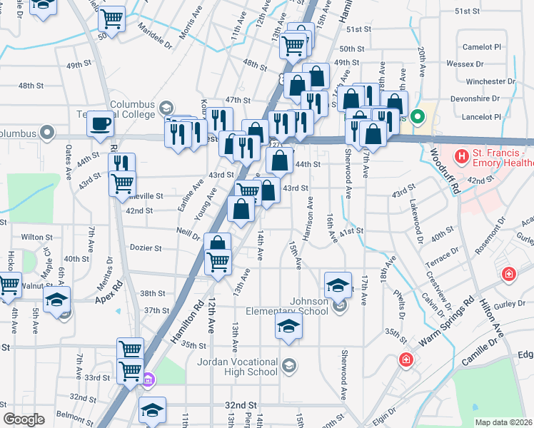 map of restaurants, bars, coffee shops, grocery stores, and more near 1420 42nd Street in Columbus