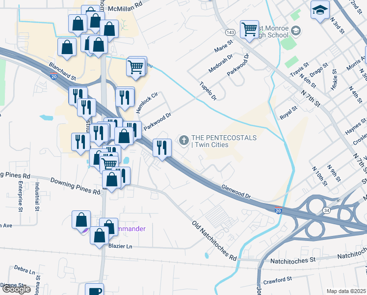 map of restaurants, bars, coffee shops, grocery stores, and more near 1255 Glenwood Drive in West Monroe