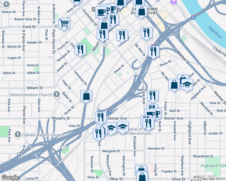 map of restaurants, bars, coffee shops, grocery stores, and more near 1124 Fairfield Avenue in Shreveport