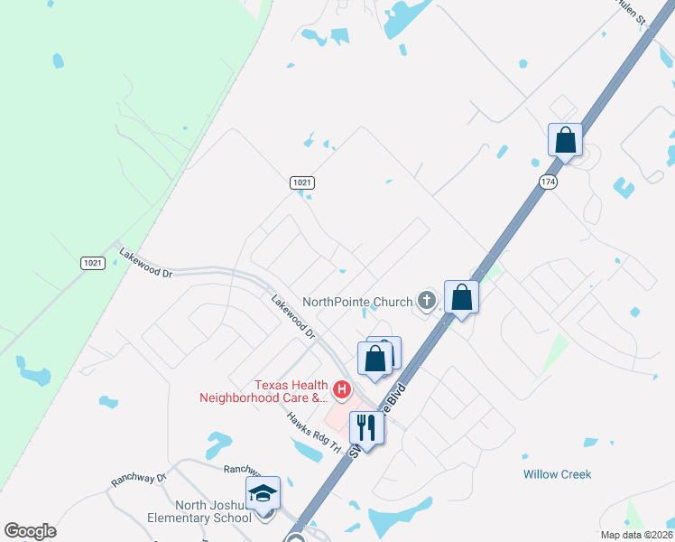 map of restaurants, bars, coffee shops, grocery stores, and more near 2524 Castle Pines Drive in Burleson