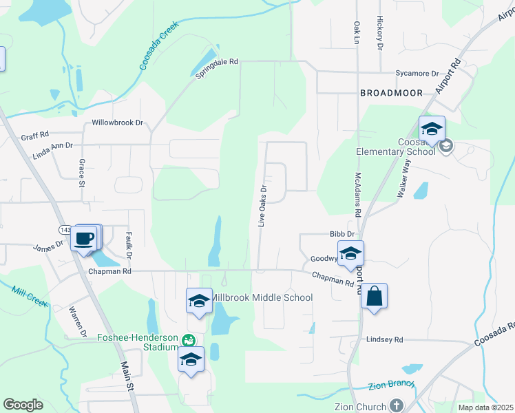 map of restaurants, bars, coffee shops, grocery stores, and more near 221 Live Oaks Drive in Millbrook
