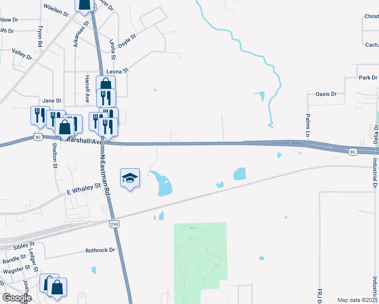 map of restaurants, bars, coffee shops, grocery stores, and more near 2120 East Marshall Avenue in Longview