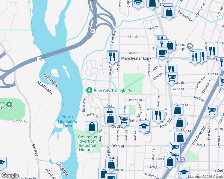 map of restaurants, bars, coffee shops, grocery stores, and more near 201 42nd Street in Columbus