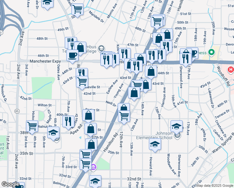 map of restaurants, bars, coffee shops, grocery stores, and more near 4006 Young Avenue in Columbus