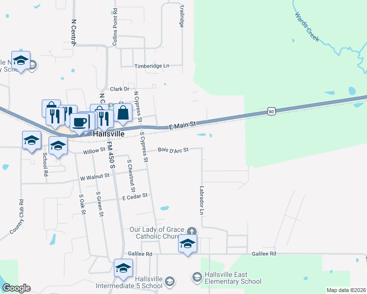 map of restaurants, bars, coffee shops, grocery stores, and more near 313 Bois D'Arc Street in Hallsville