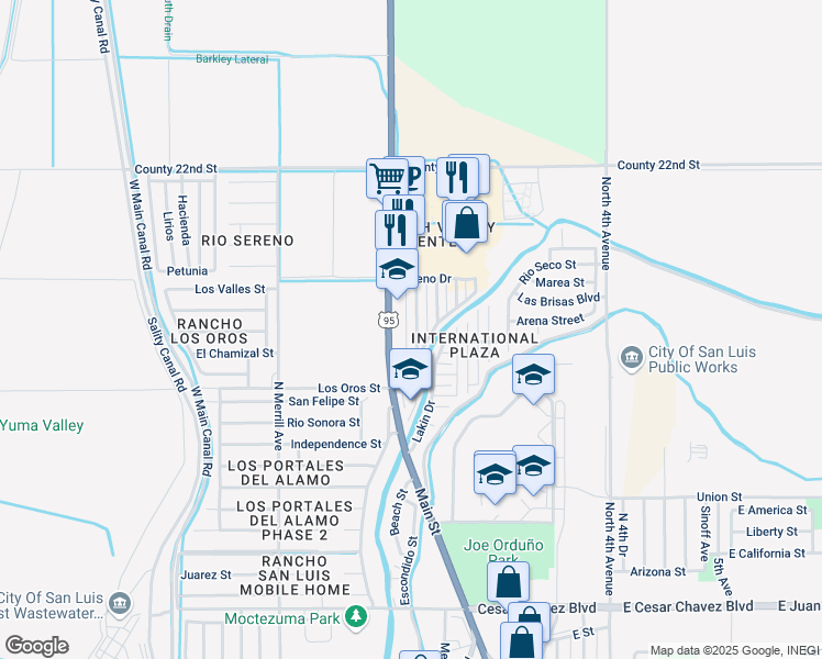 map of restaurants, bars, coffee shops, grocery stores, and more near 1453 Main Street in San Luis
