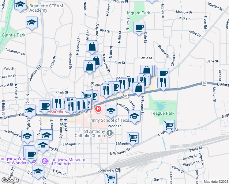 map of restaurants, bars, coffee shops, grocery stores, and more near 910 Sandefur Street in Longview
