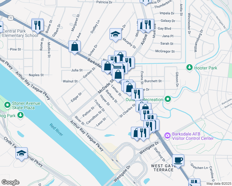 map of restaurants, bars, coffee shops, grocery stores, and more near 2542 Lamar Street in Bossier City