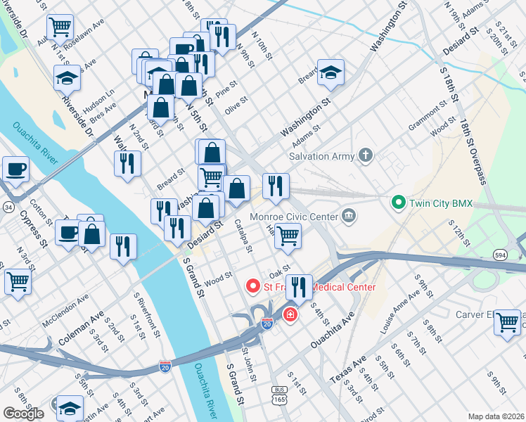 map of restaurants, bars, coffee shops, grocery stores, and more near 111 Hall Street in Monroe