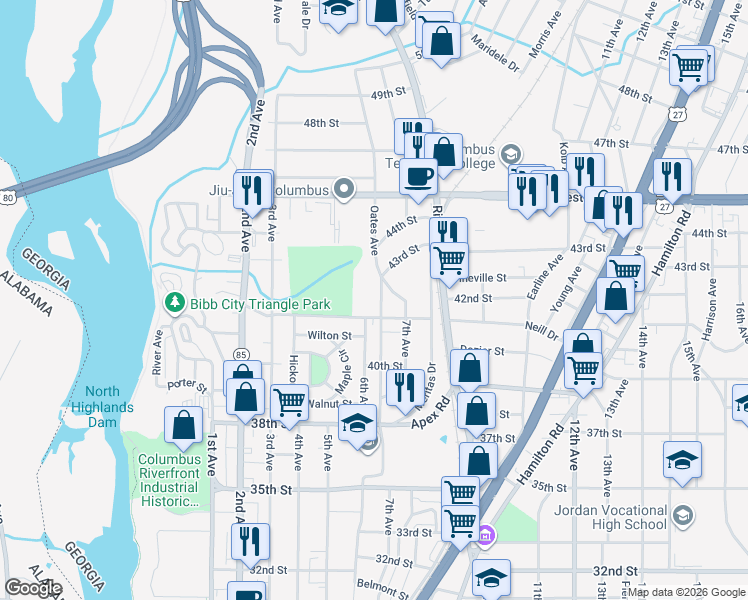 map of restaurants, bars, coffee shops, grocery stores, and more near 4222 Oates Avenue in Columbus