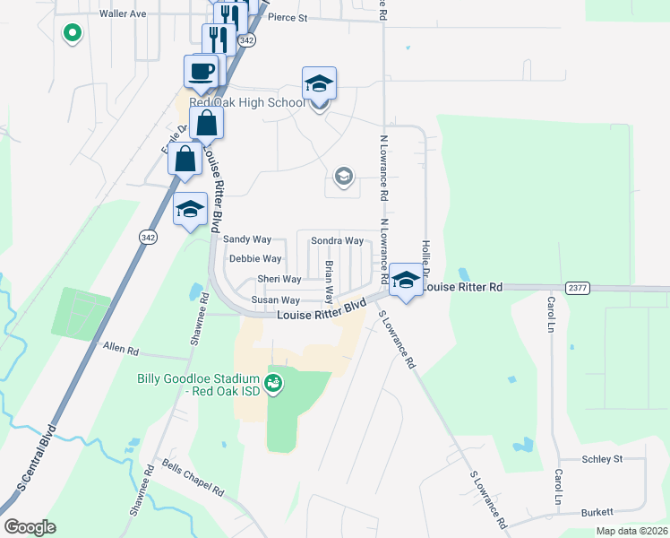 map of restaurants, bars, coffee shops, grocery stores, and more near 210 Brian Way in Red Oak