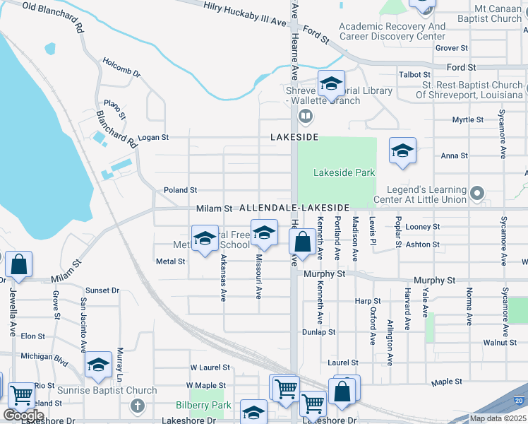 map of restaurants, bars, coffee shops, grocery stores, and more near 2755 Milam Street in Shreveport