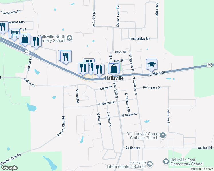 map of restaurants, bars, coffee shops, grocery stores, and more near 102 Willow Street in Hallsville