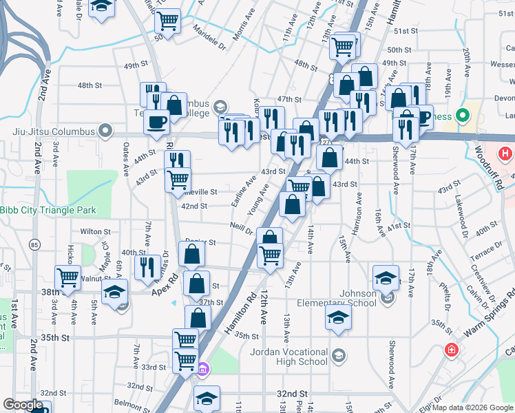 map of restaurants, bars, coffee shops, grocery stores, and more near 4009 Young Avenue in Columbus
