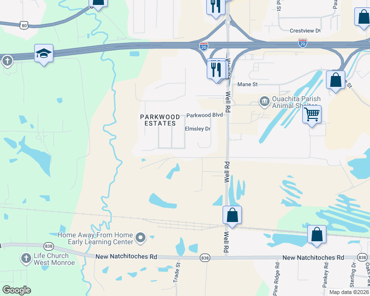 map of restaurants, bars, coffee shops, grocery stores, and more near 143 Southern Oaks Drive in West Monroe