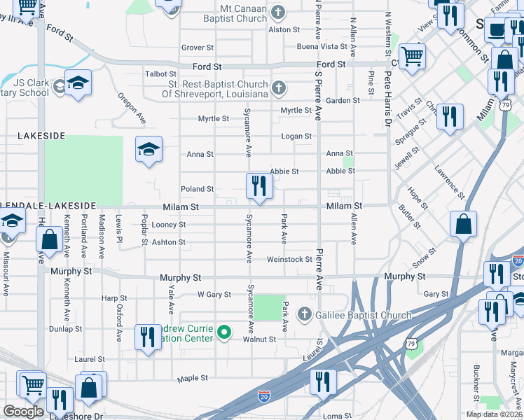 map of restaurants, bars, coffee shops, grocery stores, and more near 1737 Milam Street in Shreveport