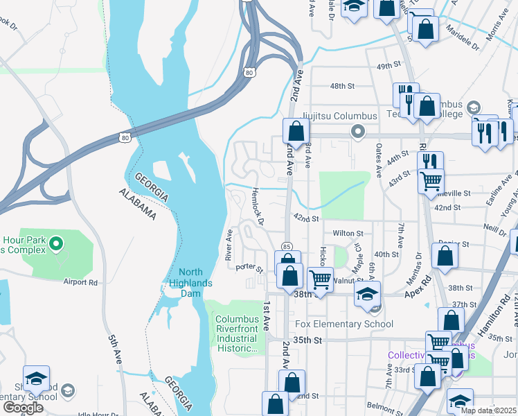 map of restaurants, bars, coffee shops, grocery stores, and more near 21 Hemlock Drive in Columbus