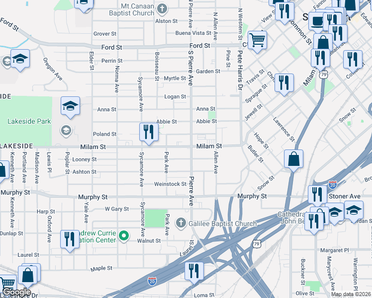 map of restaurants, bars, coffee shops, grocery stores, and more near 1611 Milam Street in Shreveport