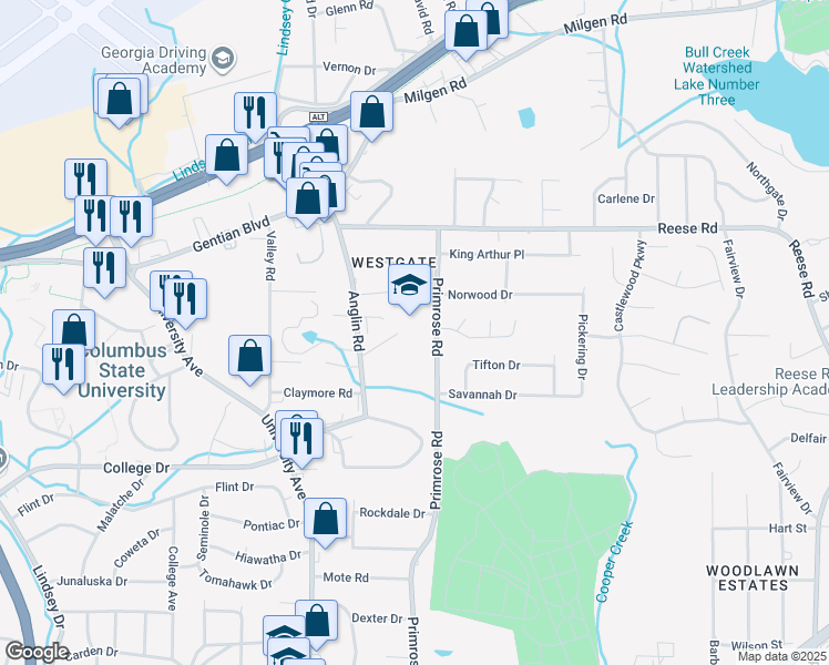 map of restaurants, bars, coffee shops, grocery stores, and more near 4201 Primrose Road in Columbus