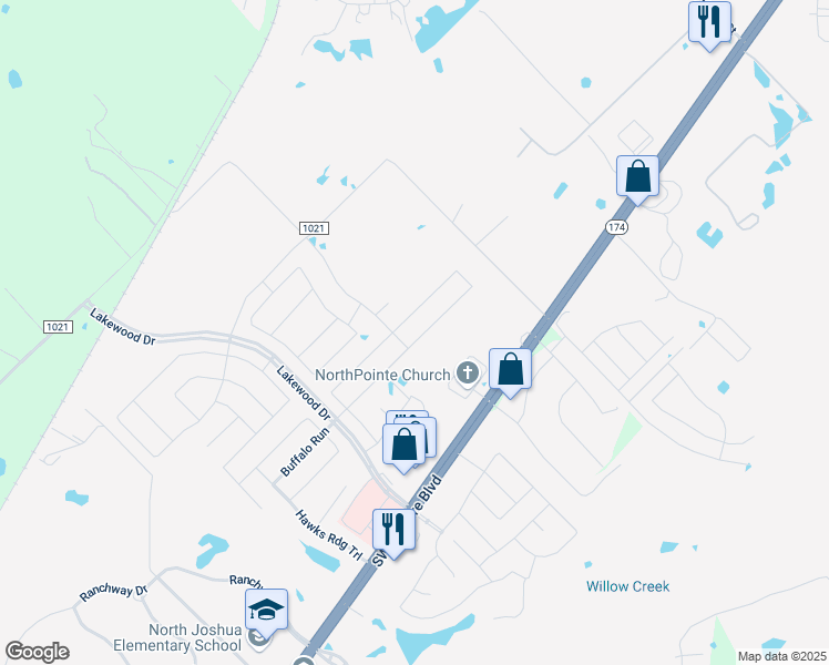 map of restaurants, bars, coffee shops, grocery stores, and more near 2504 Buffalo Run in Burleson